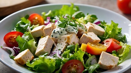 Fresh salad with chicken and tofu isolated on white background, healthy meal with grilled chicken breast, organic tofu, mixed greens, cherry tomatoes, cucumbers, and fresh herbs for diet and nutrition