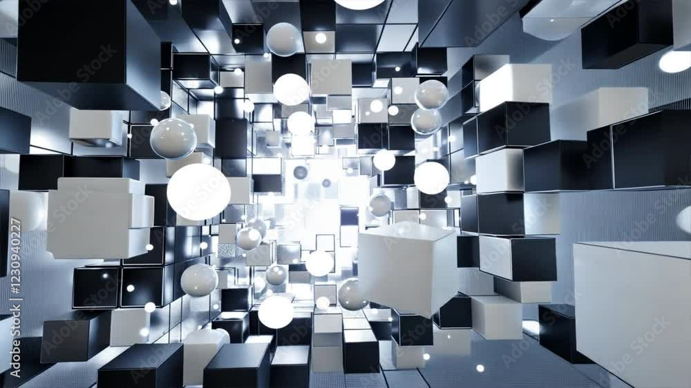 Poster futuristic abstract design of black and white cubes and spheres in dynamic 3d space, showcasing geom