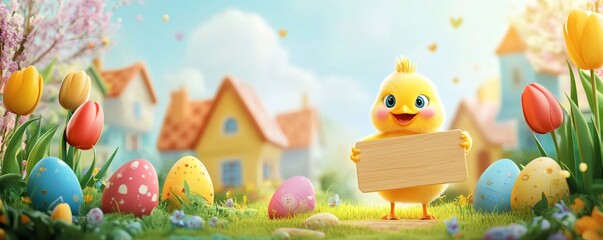 Obraz premium Adorable chick presenting a blank wooden sign in a festive easter village setting, surrounded by colorful eggs and spring flowers