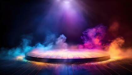Generated image of round stage under a spotlight with a colorful magical background with fog.