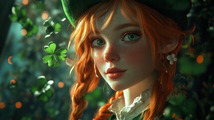 Portrait of a Young Woman with Red Hair and Green Eyes in a Green Hat Surrounded by Clovers
