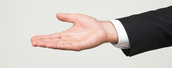 Obraz premium A business-like hand extends in greeting or offering, symbolizing professionalism and interaction.