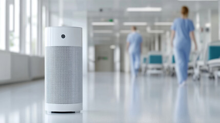 Air purifier tower with dual intake vents in hospital setting, promoting clean air and health