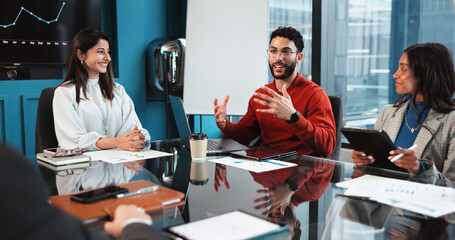 Happy, business people and laptop with meeting for proposal, corporate expansion or financial...