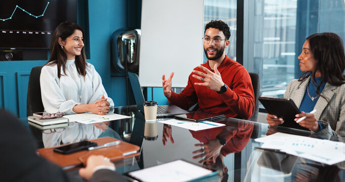 Happy, business people and laptop with meeting for proposal, corporate expansion or financial growth at office. Group, employees or finance team with smile for discussion, profit or company report
