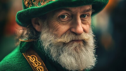 Closeup Portrait of a Senior Man with a Long White Beard Wearing a Green Hat
