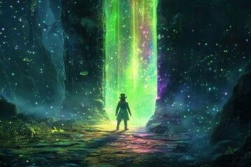 A silhouette of a person standing before a glowing portal in a mystical forest.