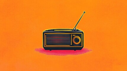 Obraz premium Vintage Radio Nostalgia: A classic black and gold radio, complete with a telescopic antenna, sits on a bright orange background.