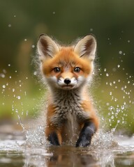 Obraz premium Red fox kit splashing, forest stream, playful