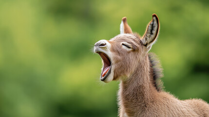 Obraz premium close up of baby donkey yawning, showcasing its playful expression and soft fur. vibrant green background adds lively touch to scene