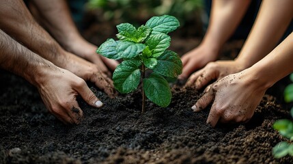 Four hands plant a small sapling in soil.