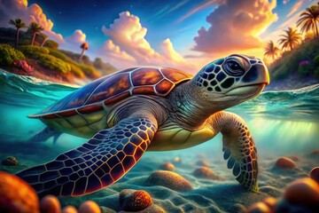 Fototapeta premium A breathtaking drone photo: 3D pixel art showcases a turtle from above in high resolution.