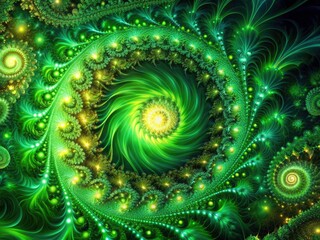 Abstract, nature-inspired digital art. Green fractal design with long exposure light trails creates a psychedelic effect.