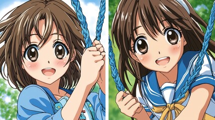 Happy girl swinging, park background, summer fun, illustration