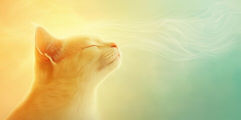 A serene cat basking in soft, colorful light, embodying tranquility and mindfulness, with a peaceful aura surrounding it.