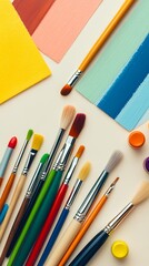 Naklejka premium Artistic Arrangement of Colorful Art Supplies on a White Table