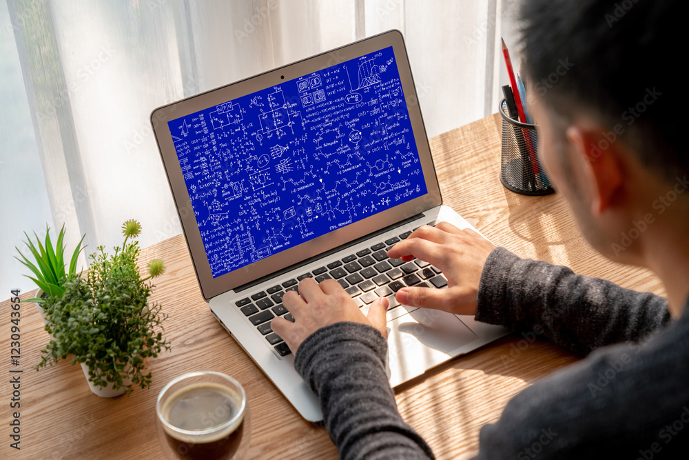 Poster mathematic equations and modish formula on computer screen showing concept of science and education