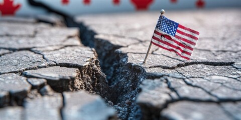 crack in ground with American flag planted in foreground and red Canadian maple leaves in background