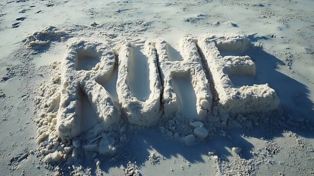 A beach with a large pile of sand and the word "Ruh" written in the sand
