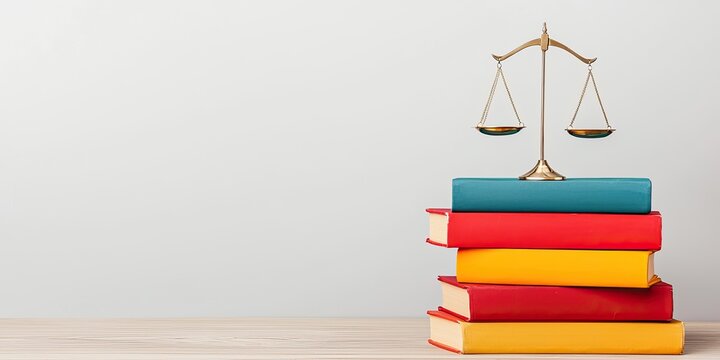 A stack of colorful books with a balanced scale on top, symbolizing law, justice, and knowledge.