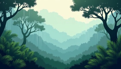Fototapeta premium Foggy rainforest with misty rain, lush green exotic plants