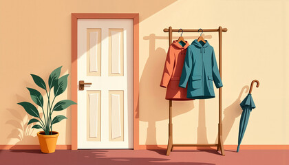 Hanging raincoats and wet umbrella on wooden rack, cozy scene
