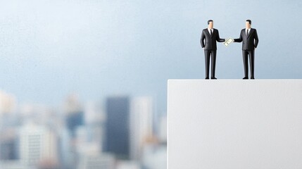 Obraz premium Two miniature figures in business suits shake hands on a ledge, symbolizing partnership and collaboration against a blurred city backdrop.