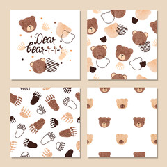 Fototapeta na wymiar Teddy bear heads and paws vector illustration. Nursery design, set of bears patterns
