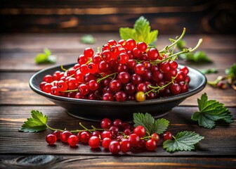 A panoramic view showcases jewel-toned red currants elegantly arranged on a dark plate, atop a warm wood surface.