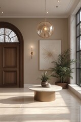Fototapeta premium Modern Entryway Design Featuring Round Table and Stylish Lighting