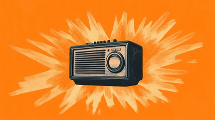 Vintage Radio Blast: A retro radio bursts with energy against a vibrant orange background, its vintage design radiating nostalgic charm and the thrill of a live broadcast.