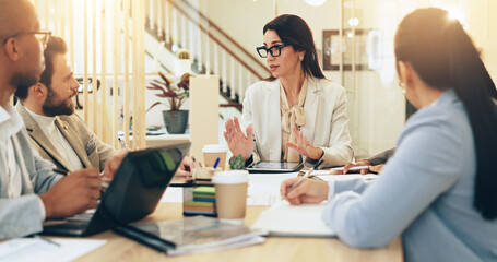 Group, business people and tablet for meeting, project management and creative agency. Team, technology and planning for designer, paperwork and research in company, office or review as collaboration
