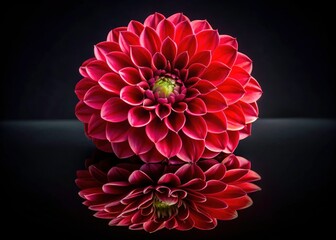 A stunning red dahlia's reflection blooms, a dark, dramatic contrast.