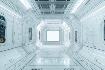 Obraz premium Futuristic white space station interior with empty virtual screen, LED lights, and circuit board ceiling. Illustration style with minimalist design and advanced technology concept.