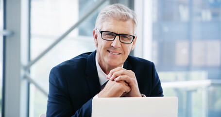Portrait, laptop and mature man in office, smile and glasses with accounting firm. Face, happy...