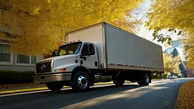 A large box truck drives down a residential street lined with autumn trees and houses on a sunny day.