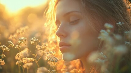 Fototapeta premium Serene Young Woman in Golden Hour Sunlight Amidst White Flowers