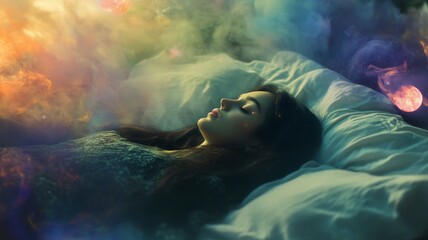 Fototapeta premium Young Woman Sleeping in a Bed Surrounded by Colorful Cosmic Smoke