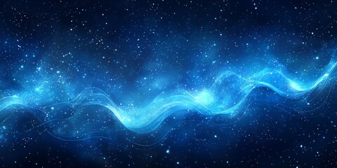 Obraz premium Abstract blue background with glowing lines, stars, and shining lights in curved stripes. Vector illustration for digital technology or science banner design.