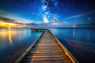 Capture breathtaking long-exposure images of a wooden pier at night, against a starry sky and dark ocean.