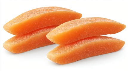 Two orange fruit slices, studio shot, white background, food photography, recipe ingredient