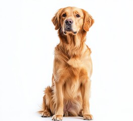 Obraz premium Golden Retriever sitting and looking forward on white background, full-body shot. Perfect for pet-related themes or animal photography.