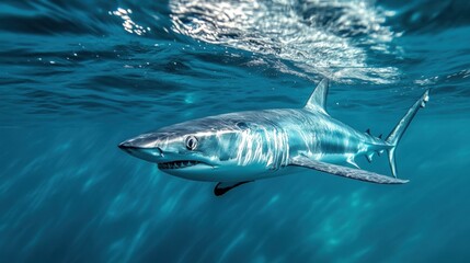 Fototapeta premium Shark swimming in clear ocean waters underwater marine life natural habitat