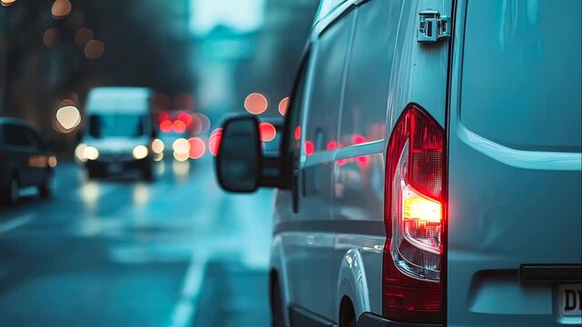 Close-up of a van's rear light at night, city bokeh background.