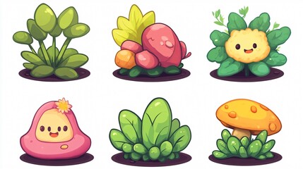 Adorable Flat Vector Kawaii Plants Icons for Design Projects - Cute Illustrations Set for Digital Artworks
