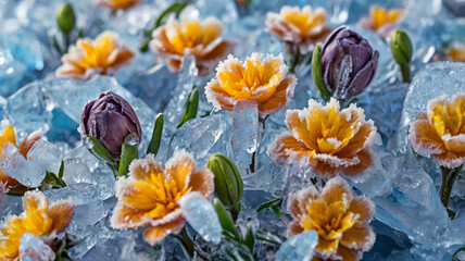 Background of frozen spring flowers