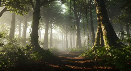 Naklejka premium Misty Forest Path Sunlight Through Trees