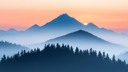 Uplifting Sunrise Over Majestic Mountains with Serene Forest Silhouettes and Soft Atmosphere