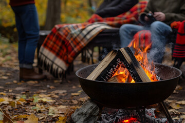 A cozy campfire scene with people wrapped in blankets, enjoying nature's beauty.