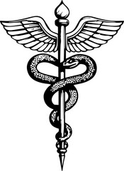 Black and White Vector Design of a Divine Staff and Serpent